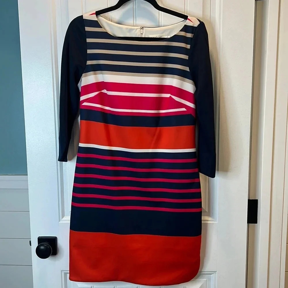 Eliza J. Blue Orange Red Striped Mini 3/4 Sleeve Dress. Size 8.